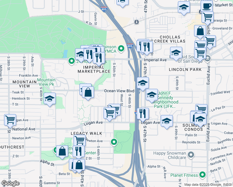 map of restaurants, bars, coffee shops, grocery stores, and more near 511 South 45th Street in San Diego