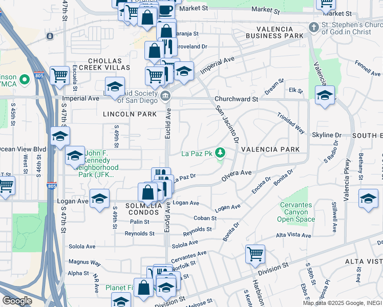 map of restaurants, bars, coffee shops, grocery stores, and more near 5157 Trinidad Way in San Diego