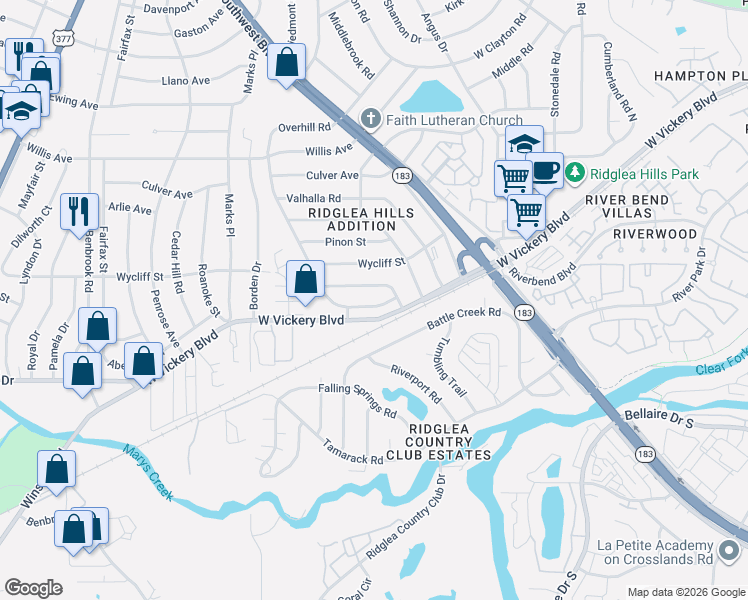 map of restaurants, bars, coffee shops, grocery stores, and more near 7517 Overhill Road in Fort Worth