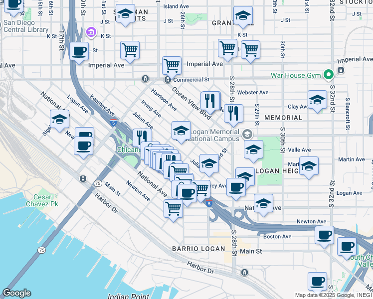 map of restaurants, bars, coffee shops, grocery stores, and more near 2176 Julian Avenue in San Diego