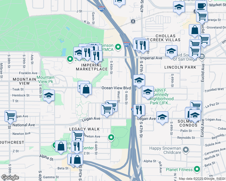 map of restaurants, bars, coffee shops, grocery stores, and more near 511 South 45th Street in San Diego