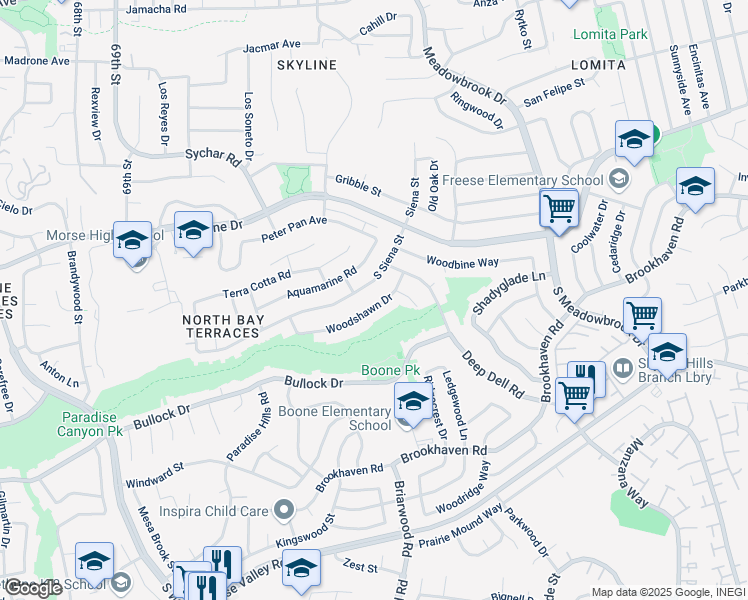 map of restaurants, bars, coffee shops, grocery stores, and more near 7318 Woodshawn Drive in San Diego