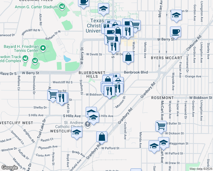map of restaurants, bars, coffee shops, grocery stores, and more near 3417 Rogers Avenue in Fort Worth