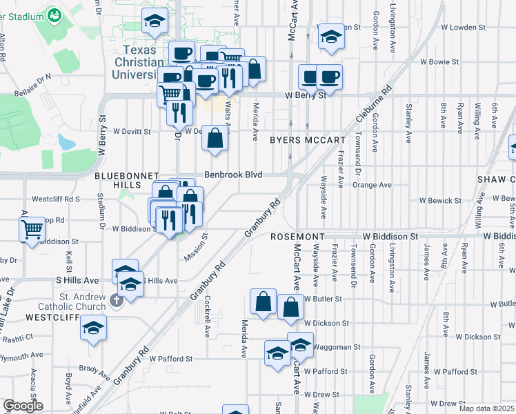 map of restaurants, bars, coffee shops, grocery stores, and more near 2612 West Bewick Street in Fort Worth