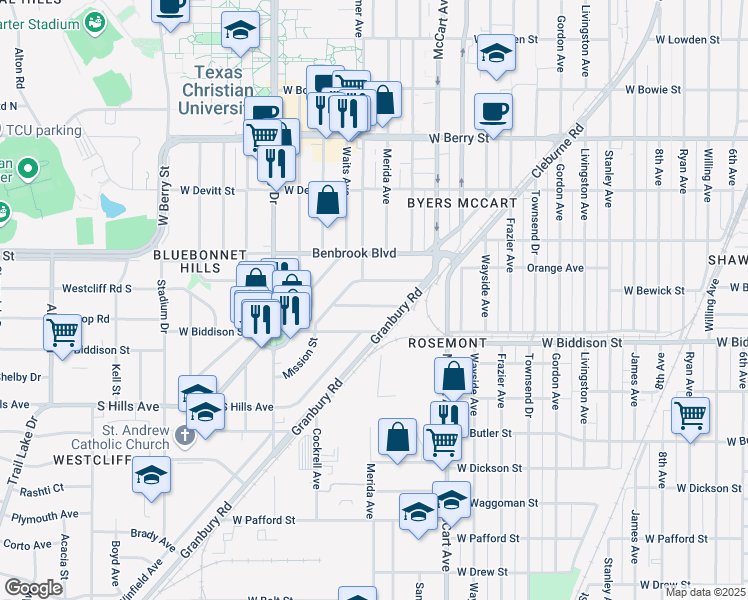 map of restaurants, bars, coffee shops, grocery stores, and more near 2704 West Bewick Street in Fort Worth