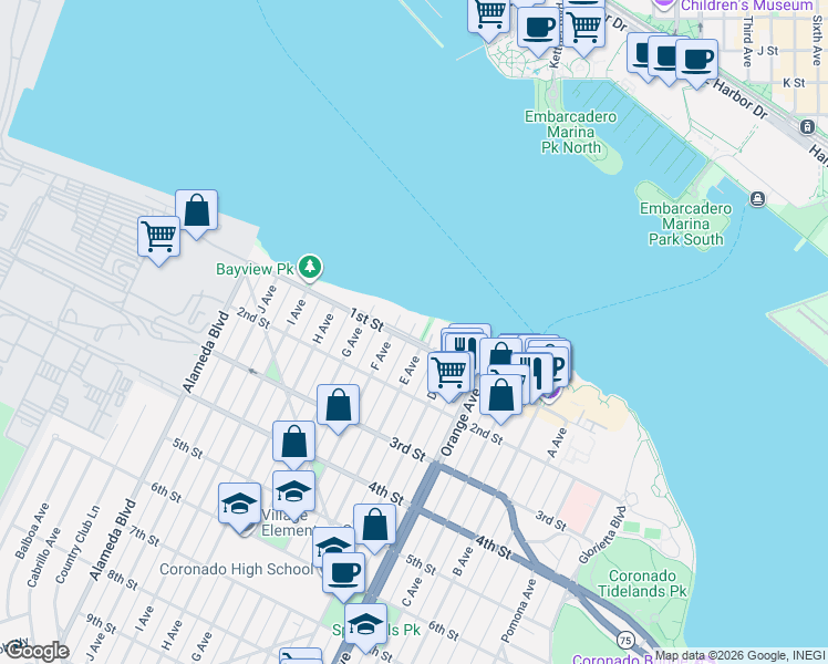 map of restaurants, bars, coffee shops, grocery stores, and more near 800 1st Street in Coronado