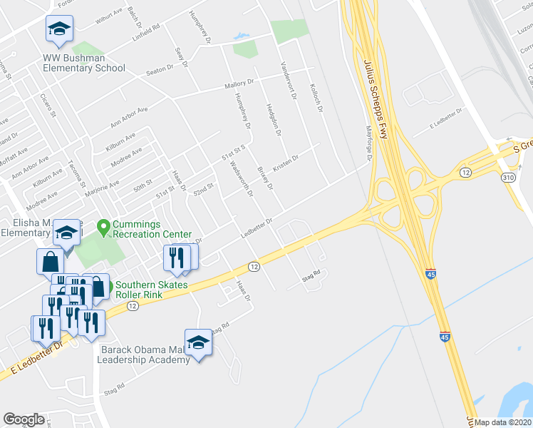 map of restaurants, bars, coffee shops, grocery stores, and more near 3277 Ledbetter Drive in Dallas