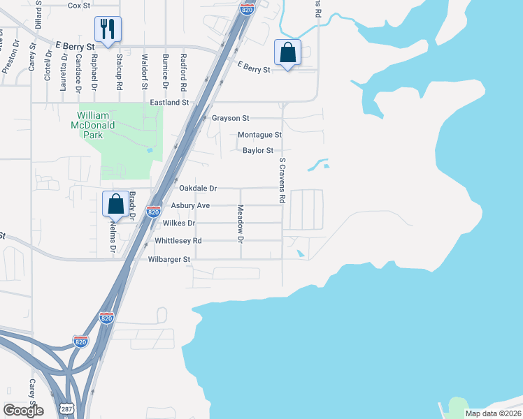 map of restaurants, bars, coffee shops, grocery stores, and more near 4220 South Cravens Road in Fort Worth