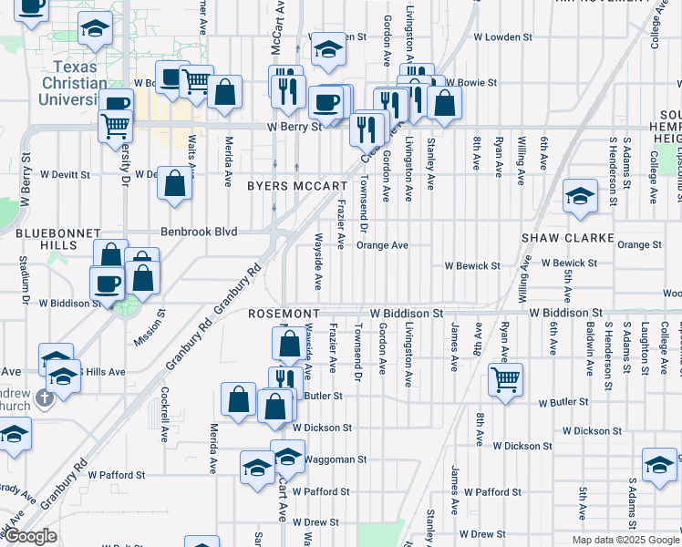 map of restaurants, bars, coffee shops, grocery stores, and more near 3437 Frazier Avenue in Fort Worth