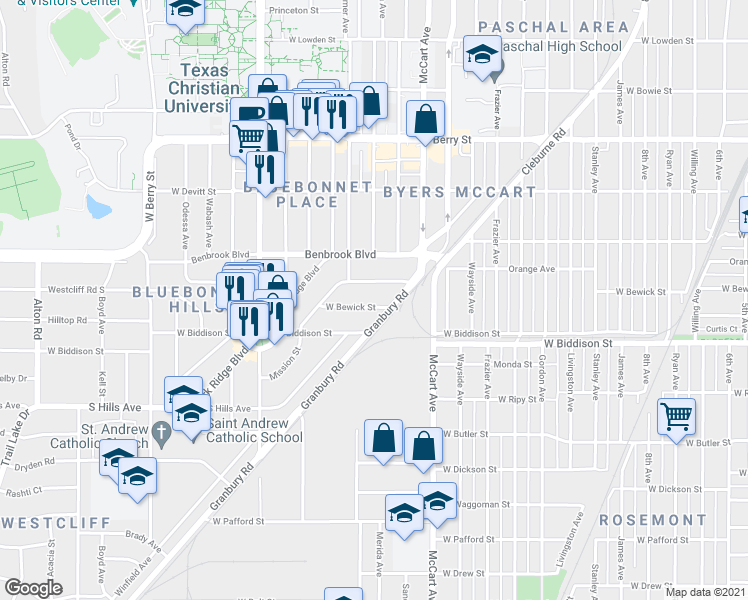 map of restaurants, bars, coffee shops, grocery stores, and more near 2704 West Bewick Street in Fort Worth