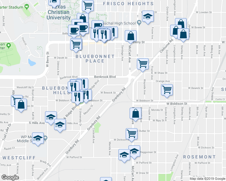 map of restaurants, bars, coffee shops, grocery stores, and more near 2704 West Bewick Street in Fort Worth