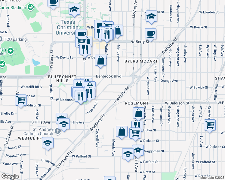 map of restaurants, bars, coffee shops, grocery stores, and more near 2704 West Bewick Street in Fort Worth