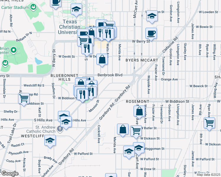 map of restaurants, bars, coffee shops, grocery stores, and more near 2812 West Bewick Street in Fort Worth