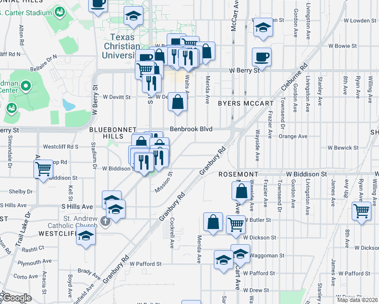map of restaurants, bars, coffee shops, grocery stores, and more near 2812 West Bewick Street in Fort Worth