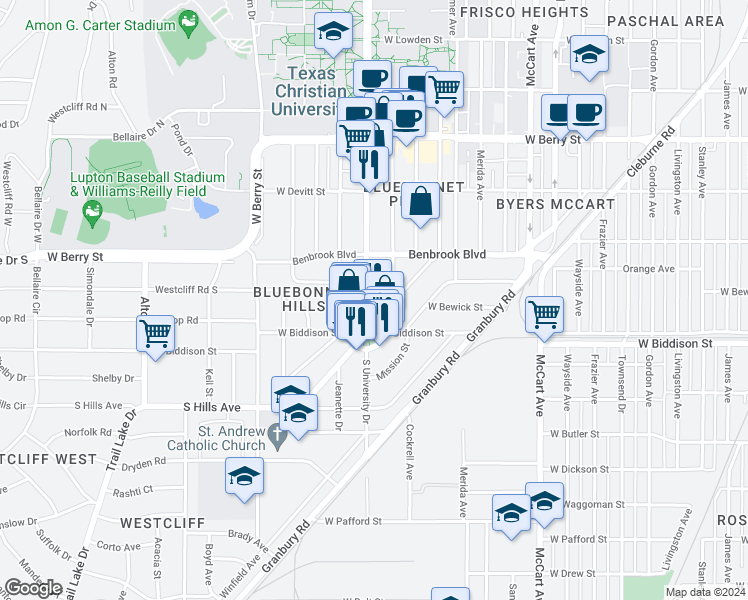 map of restaurants, bars, coffee shops, grocery stores, and more near in Fort Worth