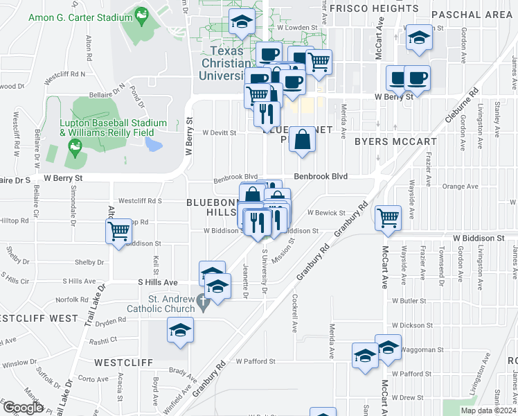 map of restaurants, bars, coffee shops, grocery stores, and more near in Fort Worth
