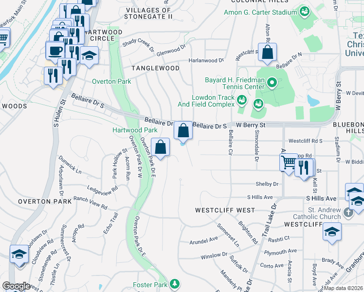 map of restaurants, bars, coffee shops, grocery stores, and more near in Fort Worth