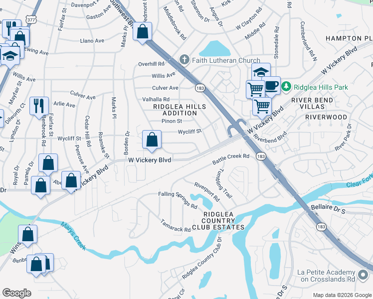 map of restaurants, bars, coffee shops, grocery stores, and more near 7517 Overhill Road in Fort Worth