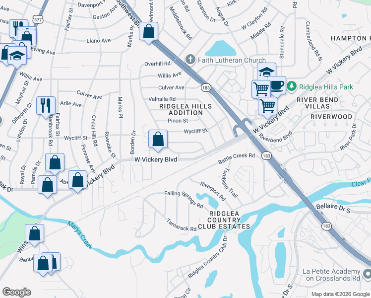 map of restaurants, bars, coffee shops, grocery stores, and more near 7517 Overhill Road in Fort Worth