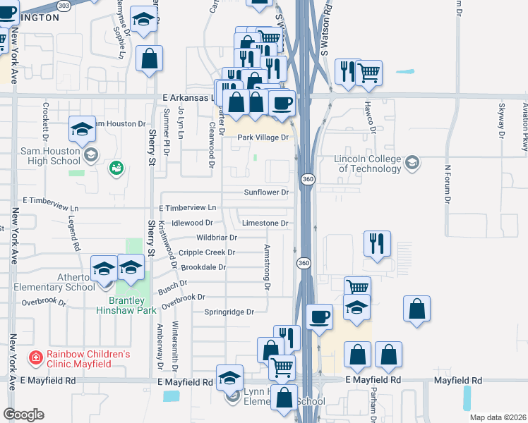 map of restaurants, bars, coffee shops, grocery stores, and more near 2501 Limestone Drive in Arlington
