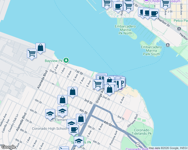 map of restaurants, bars, coffee shops, grocery stores, and more near 907 1st Street in Coronado