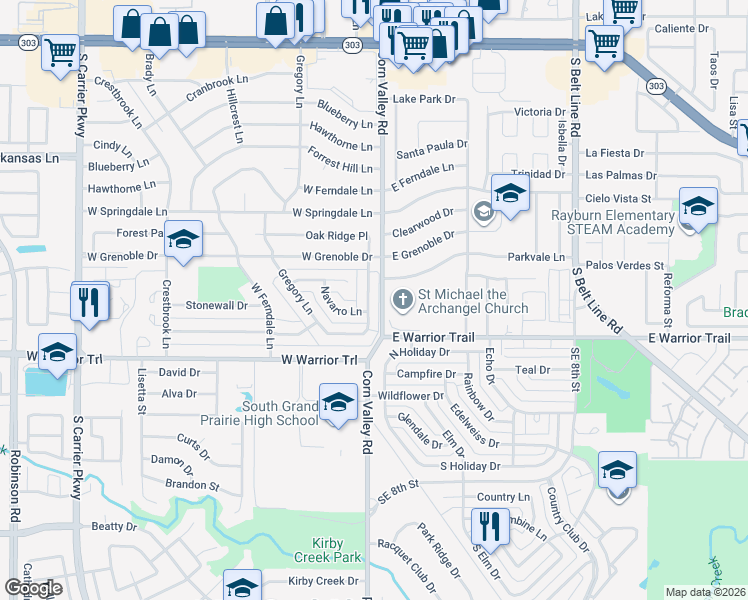 map of restaurants, bars, coffee shops, grocery stores, and more near 3034 Oak Ridge Place in Grand Prairie