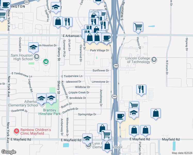 map of restaurants, bars, coffee shops, grocery stores, and more near 2425 Limestone Drive in Arlington