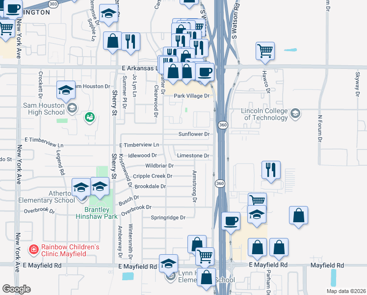 map of restaurants, bars, coffee shops, grocery stores, and more near 2425 Limestone Drive in Arlington