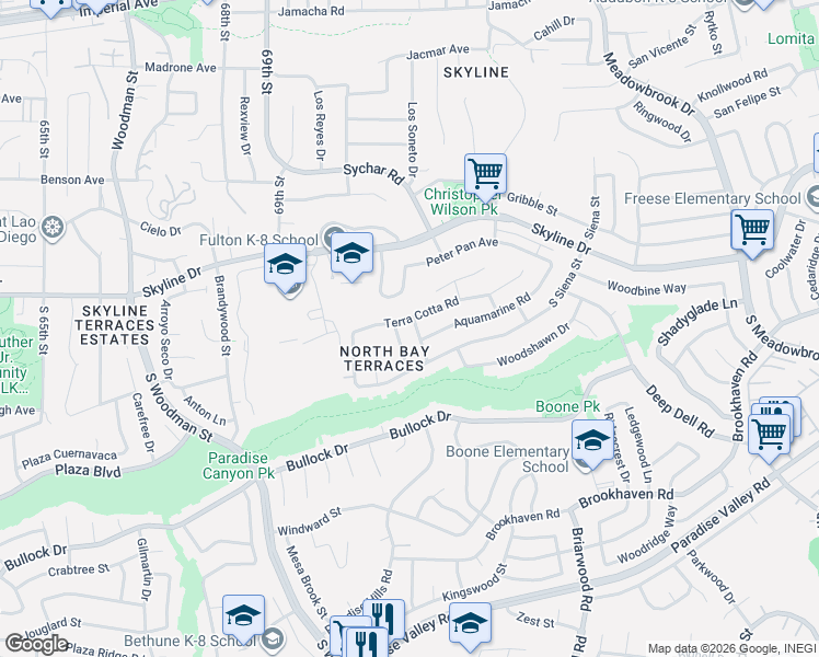 map of restaurants, bars, coffee shops, grocery stores, and more near 110 Ultramarine Lane in San Diego