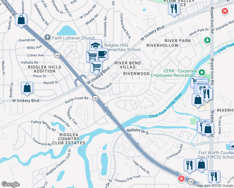 map of restaurants, bars, coffee shops, grocery stores, and more near 3455 Riverstone Circle North in Fort Worth