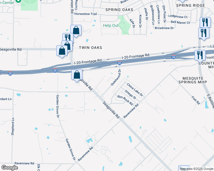 map of restaurants, bars, coffee shops, grocery stores, and more near 905 Quietwood Drive in Dallas
