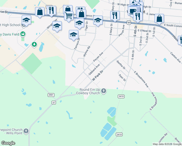map of restaurants, bars, coffee shops, grocery stores, and more near 1021 Gibbard Avenue in Wills Point