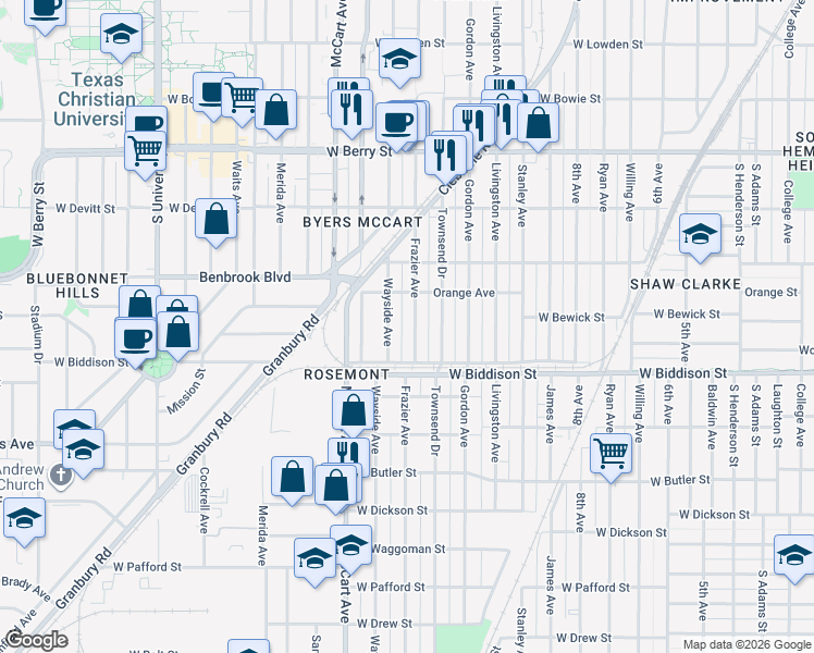 map of restaurants, bars, coffee shops, grocery stores, and more near 3437 Frazier Avenue in Fort Worth
