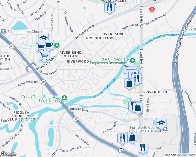 map of restaurants, bars, coffee shops, grocery stores, and more near 6 Trinity View Drive in Fort Worth