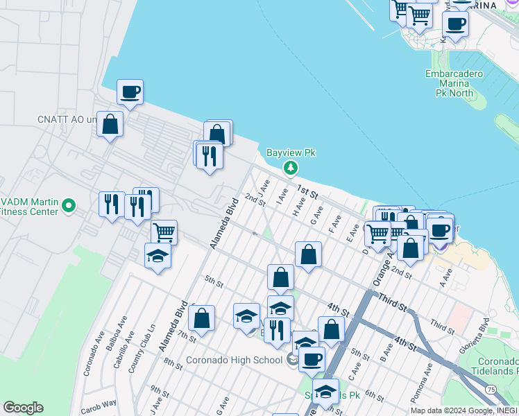 map of restaurants, bars, coffee shops, grocery stores, and more near 200 Palm Avenue in Coronado