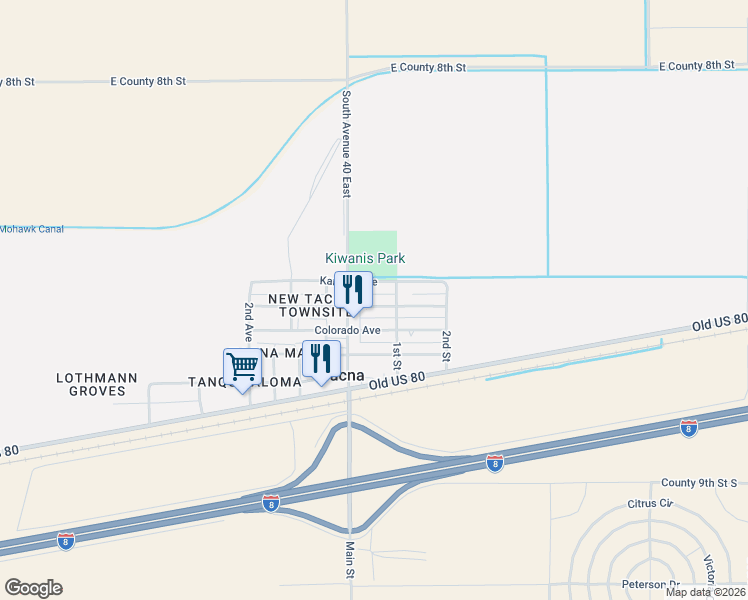 map of restaurants, bars, coffee shops, grocery stores, and more near 40185-40187 Texas Ave in Wellton