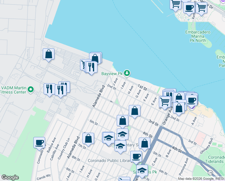 map of restaurants, bars, coffee shops, grocery stores, and more near 232 J Avenue in Coronado