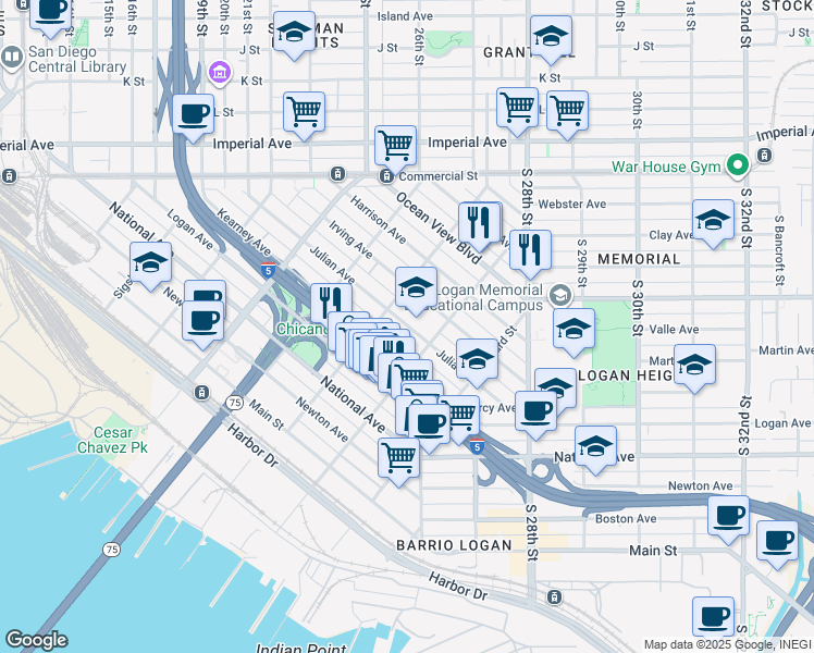 map of restaurants, bars, coffee shops, grocery stores, and more near 2146 Julian Avenue in San Diego