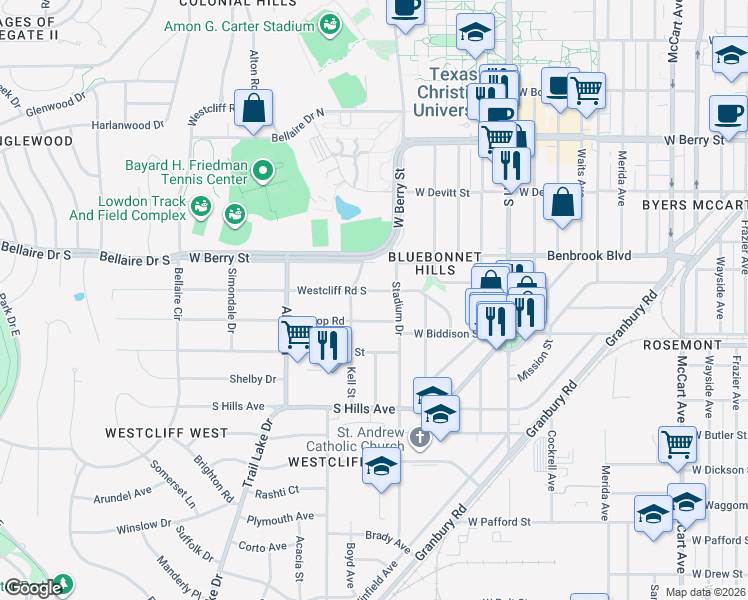 map of restaurants, bars, coffee shops, grocery stores, and more near 3424 Hilltop Road in Fort Worth