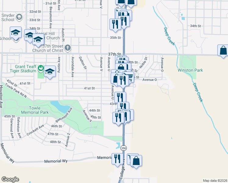 map of restaurants, bars, coffee shops, grocery stores, and more near 1900-1998 42nd Street in Snyder