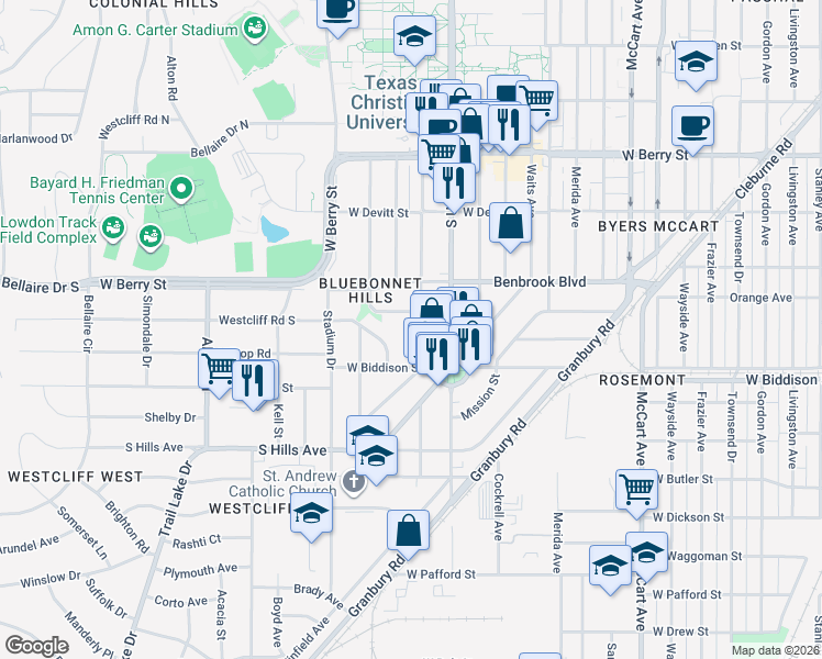 map of restaurants, bars, coffee shops, grocery stores, and more near 3420 Rogers Avenue in Fort Worth