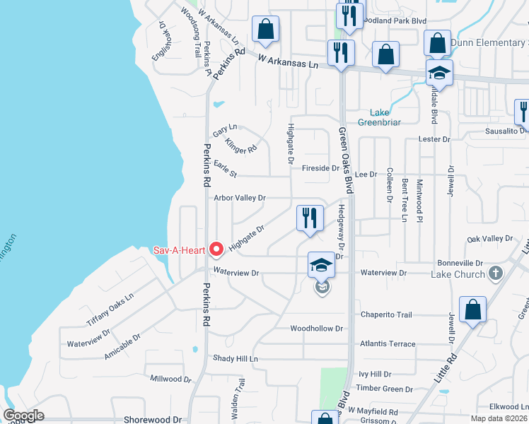 map of restaurants, bars, coffee shops, grocery stores, and more near 5804 Gatewood Drive in Arlington