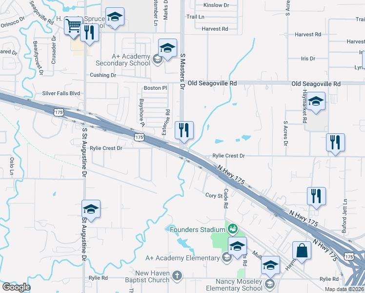 map of restaurants, bars, coffee shops, grocery stores, and more near 10150 U.S. 175 Frontage Road in Dallas