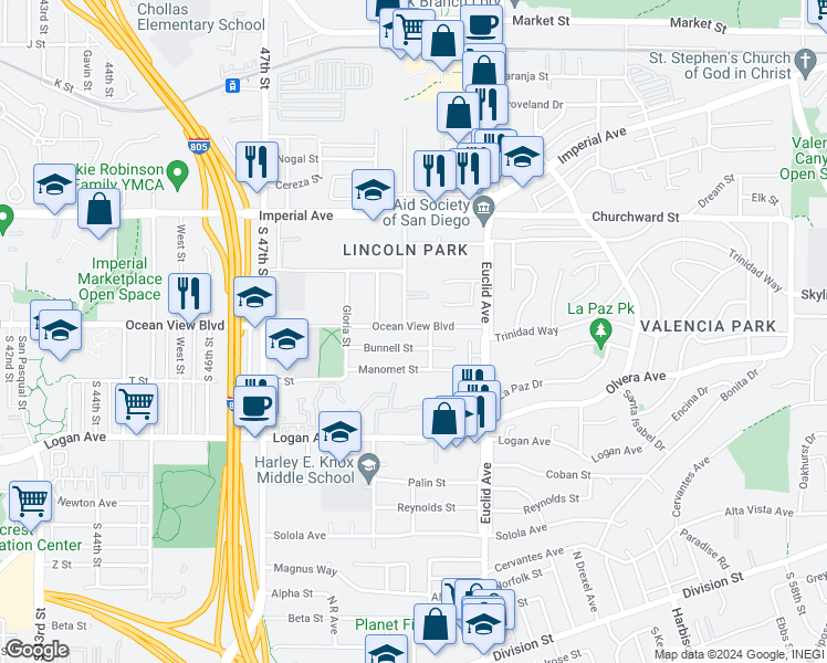 map of restaurants, bars, coffee shops, grocery stores, and more near 4965 Ocean View Boulevard in San Diego
