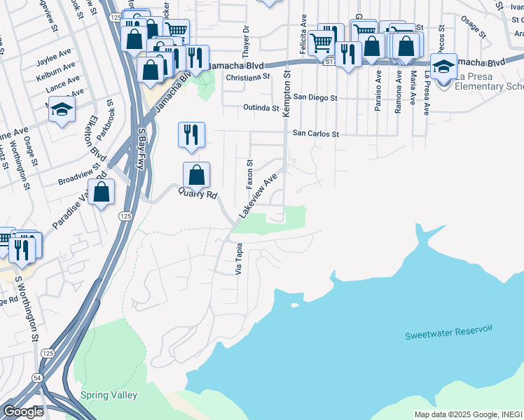 map of restaurants, bars, coffee shops, grocery stores, and more near 9125 San Andres Street in Spring Valley