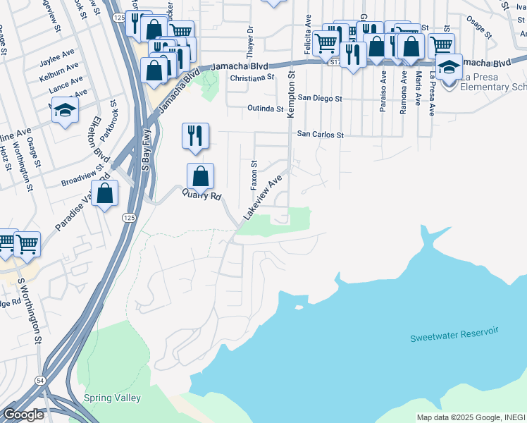 map of restaurants, bars, coffee shops, grocery stores, and more near 9125 San Andres Street in Spring Valley