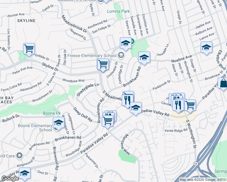 map of restaurants, bars, coffee shops, grocery stores, and more near 7924 Brookmeadow Place in San Diego