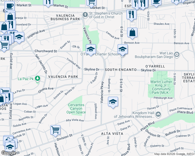 map of restaurants, bars, coffee shops, grocery stores, and more near 5894 Parkmead Court in San Diego