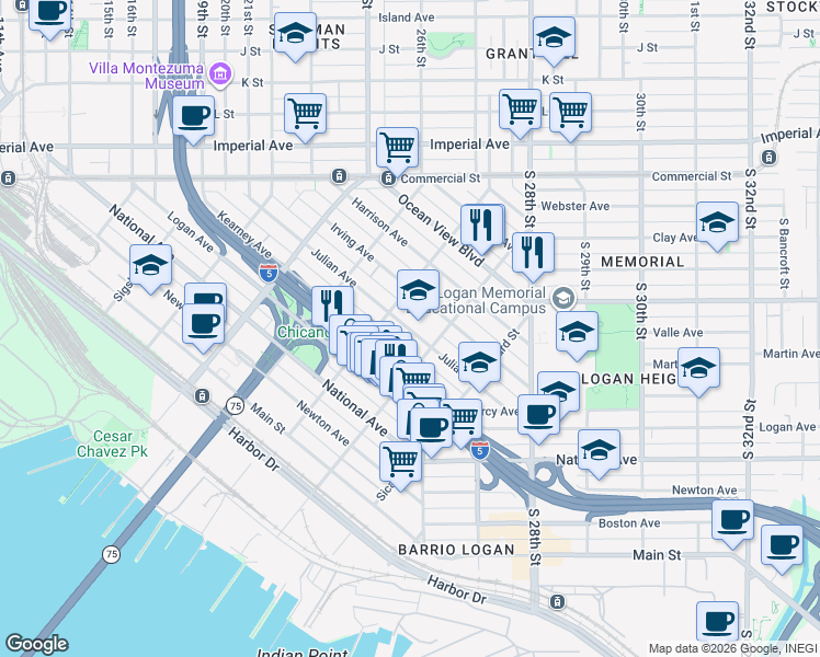 map of restaurants, bars, coffee shops, grocery stores, and more near 2176 Julian Avenue in San Diego