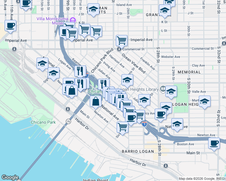 map of restaurants, bars, coffee shops, grocery stores, and more near 2070 Logan Avenue in San Diego